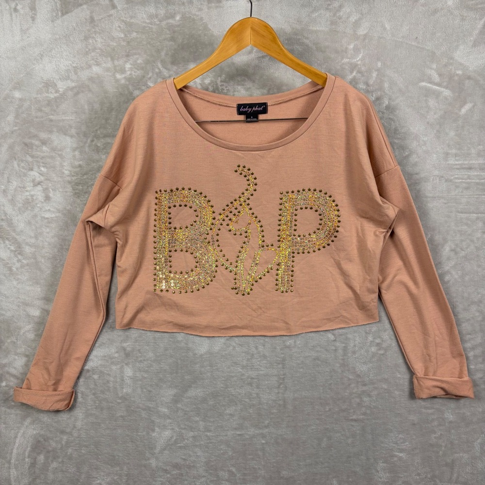 Baby Phat Womens S Embellished Logo Crop Top Mauve Blush Cuff Long Sleeve Sequin
